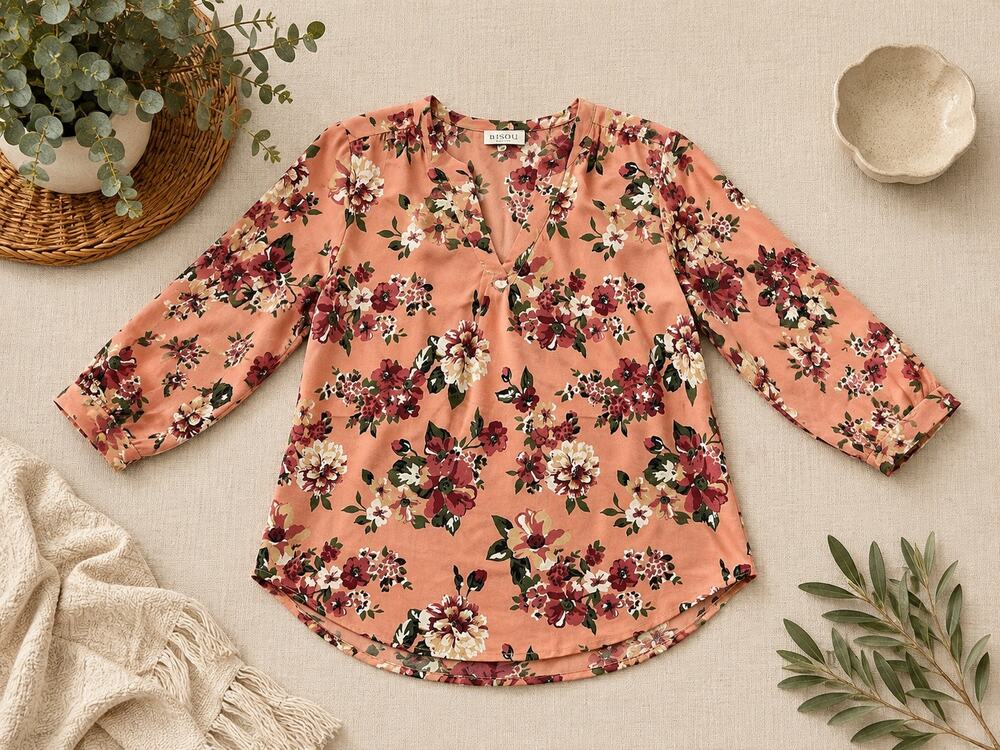 Mileage Women’s Large Peach Pink Floral 3/4 Sleeve Tunic Blouse High Low Hem